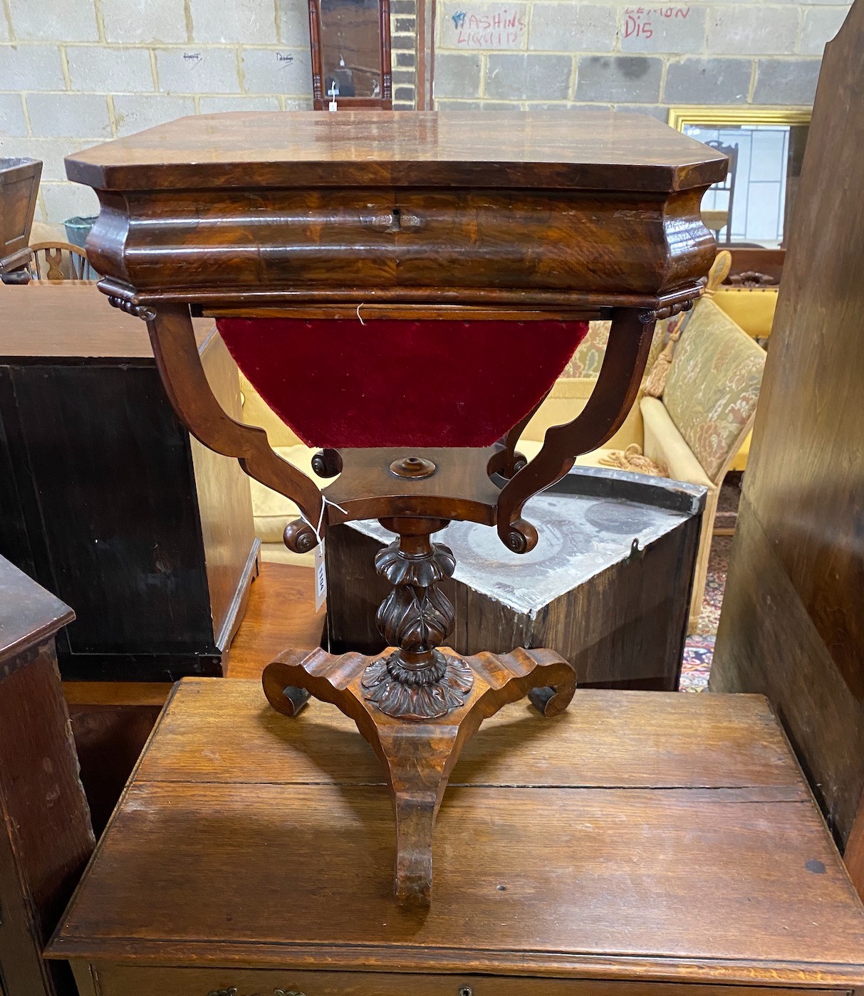 A 19th century French mahogany work table, width 49cm, depth 39cm, height 73cm